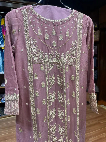 Pakistani Merakish Luxury Chiffon Stitched 3Pcs _ Rose Pink 